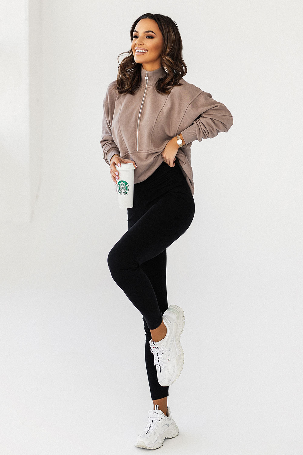 Mocca bluza Shannon z zamkiem i przeszyciami